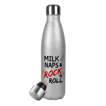 milk naps and Rock n' Roll, Metallic Glitter Silver Thermos Flask (Stainless steel), double-walled, 500ml