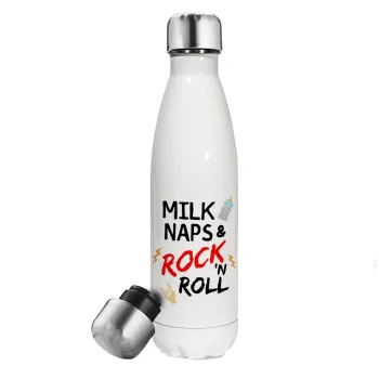 milk naps and Rock n' Roll, Μεταλλικό παγούρι θερμός Λευκό (Stainless steel), διπλού τοιχώματος, 500ml