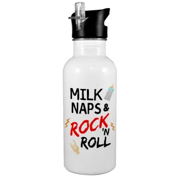 milk naps and Rock n' Roll, White water bottle with straw, stainless steel 600ml