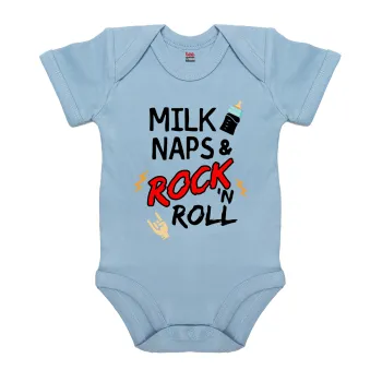 milk naps and Rock n' Roll, Βρεφικό φορμάκι μωρού, 0-18 μηνών, Μπλε, 100% Organic Cotton, κοντομάνικο
