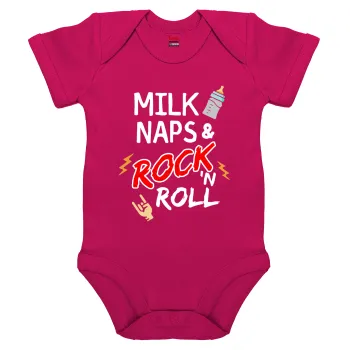 milk naps and Rock n' Roll, Βρεφικό φορμάκι μωρού, 0-18 μηνών, ΡΟΖ, 100% Organic Cotton, κοντομάνικο