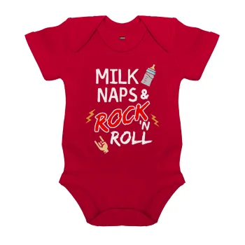 milk naps and Rock n' Roll, Βρεφικό φορμάκι μωρού, ΚΟΚΚΙΝΟ, 100% Organic Cotton, κοντομάνικο