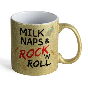 milk naps and Rock n' Roll, Κούπα Χρυσή Glitter που γυαλίζει, κεραμική, 330ml