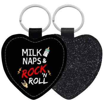 milk naps and Rock n' Roll, Μπρελόκ PU δερμάτινο glitter καρδιά ΜΑΥΡΟ
