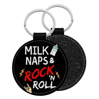 milk naps and Rock n' Roll, Μπρελόκ Δερματίνη, στρογγυλό ΜΑΥΡΟ (5cm)