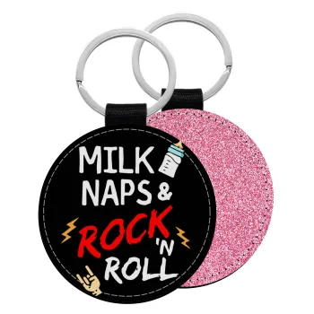 milk naps and Rock n' Roll, Μπρελόκ Δερματίνη, στρογγυλό ΡΟΖ (5cm)