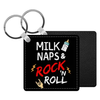 milk naps and Rock n' Roll, Μπρελόκ Δερματίνη, τετράγωνο ΜΑΥΡΟ (5x5cm)