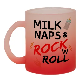 milk naps and Rock n' Roll, Κούπα γυάλινη δίχρωμη με βάση το κόκκινο ματ, 330ml