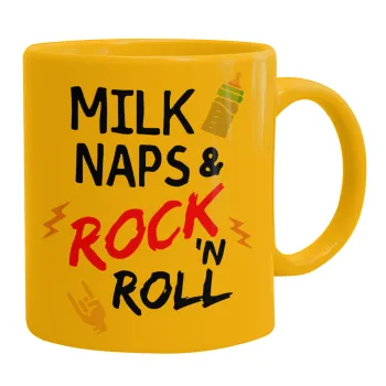 milk naps and Rock n' Roll, Ceramic coffee mug yellow, 330ml