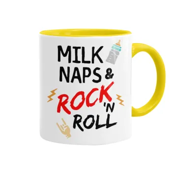 milk naps and Rock n' Roll, Mug colored yellow, ceramic, 330ml