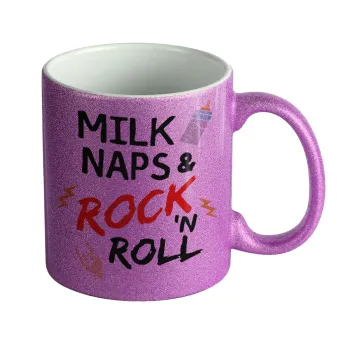 milk naps and Rock n' Roll, Κούπα Μωβ Glitter που γυαλίζει, κεραμική, 330ml