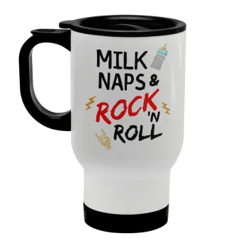milk naps and Rock n' Roll, Κούπα ταξιδιού ανοξείδωτη με καπάκι, διπλού τοιχώματος (θερμό) λευκή 450ml