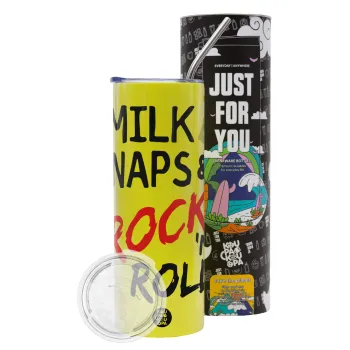 milk naps and Rock n' Roll, Neon Yellow Travel Tumbler θερμό, μεταλλικό καλαμάκι(Ανωξείδωτο 304 Food grade, BPA free, 600ml)