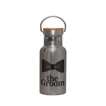The Groom, Stainless steel metallic thermos flask, silver with a bamboo lid, double-walled, 350ml.