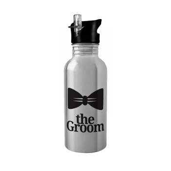 The Groom, Water bottle Silver with straw, stainless steel 600ml