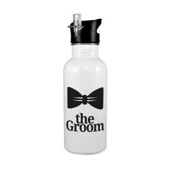 The Groom, White water bottle with straw, stainless steel 600ml