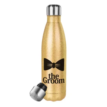 The Groom, Μεταλλικό παγούρι θερμός Glitter χρυσό (Stainless steel), διπλού τοιχώματος, 500ml