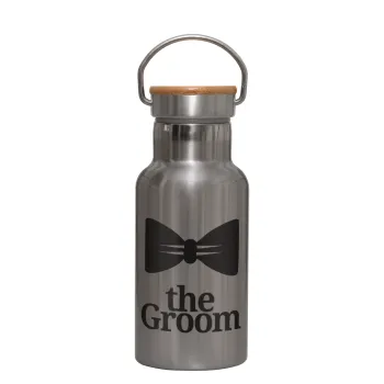 The Groom, Stainless steel metallic thermos flask, silver with a bamboo lid, double-walled, 350ml.