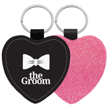 The Groom, Μπρελόκ PU δερμάτινο glitter καρδιά ΡΟΖ