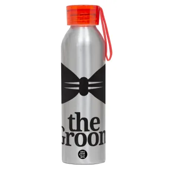 The Groom, Aluminum Sports Bottle 650ml – Silver with Red Cap and Silicone Strap