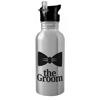The Groom, Water bottle Silver with straw, stainless steel 600ml