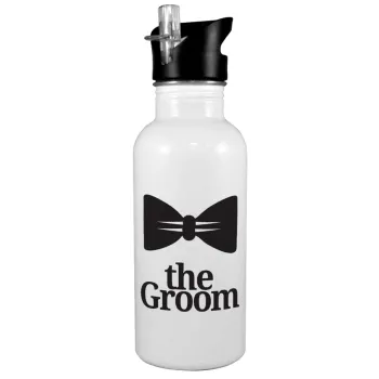 The Groom, White water bottle with straw, stainless steel 600ml