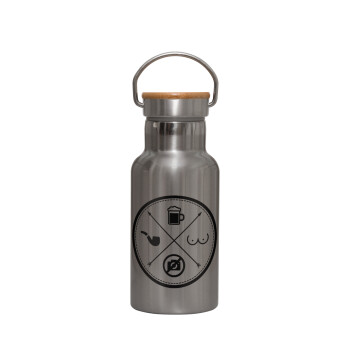 The Bachelor Rules, Stainless steel metallic thermos flask, silver with a bamboo lid, double-walled, 350ml.