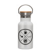 Metallic thermos (Stainless steel) White with wooden lid (bamboo), double-walled, 350ml