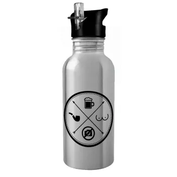 The Bachelor Rules, Water bottle Silver with straw, stainless steel 600ml