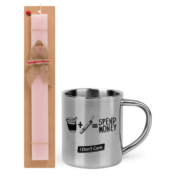 Spend Money, Easter Set, metallic thermal cup (300ml) & aromatic flat Easter candle (30cm) (PINK)