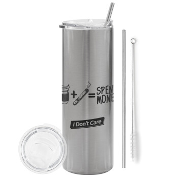 Spend Money, Eco friendly stainless steel Silver tumbler 600ml, with metal straw & cleaning brush
