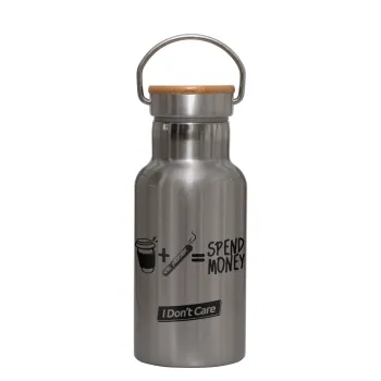 Spend Money, Stainless steel metallic thermos flask, silver with a bamboo lid, double-walled, 350ml.