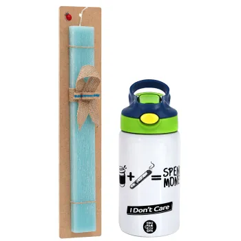Spend Money, Easter Set, Children's thermal stainless steel bottle with safety straw, green/blue (350ml) & aromatic flat Easter candle (30cm) (TURQUOISE)