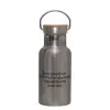 Stainless steel metallic thermos flask, silver with a bamboo lid, double-walled, 350ml.