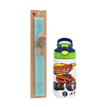 Ο Μπλέιζ και οι Φίλοι του, Easter Set, Children's thermal stainless steel bottle with safety straw, green/blue (350ml) & aromatic flat Easter candle (30cm) (TURQUOISE)
