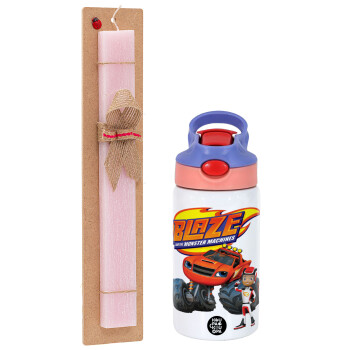 Ο Μπλέιζ και οι Φίλοι του, Easter Set, Children's thermal stainless steel water bottle with safety straw, pink/purple (350ml) & Easter scented flat candle (30cm) (PINK)
