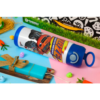 Ο Μπλέιζ και οι Φίλοι του, Easter candle, Childrens hot water bottle, stainless steel, with safety straw, BLUE (500ml)