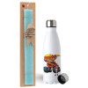 Easter Set, metallic stainless steel water bottle (750ml) & aromatic flat Easter candle (30cm) (TURQUOISE)