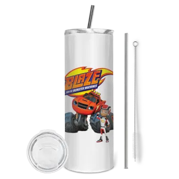 Ο Μπλέιζ και οι Φίλοι του, Tumbler ποτήρι θερμό από ανοξείδωτο ατσάλι 600ml, με μεταλλικό καλαμάκι & βούρτσα καθαρισμού