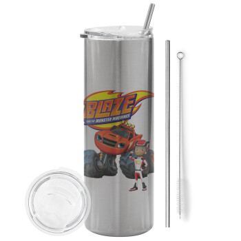 Ο Μπλέιζ και οι Φίλοι του, Tumbler stainless steel Silver 600ml, with metal straw & cleaning brush