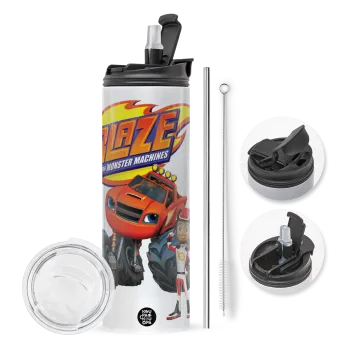 Ο Μπλέιζ και οι Φίλοι του, Travel Tumbler θερμό με διπλό καπάκι, μεταλλικό καλαμάκι και βούρτσα καθαρισμού (Ανωξείδωτο 304 Food grade, BPA free, 600ml)