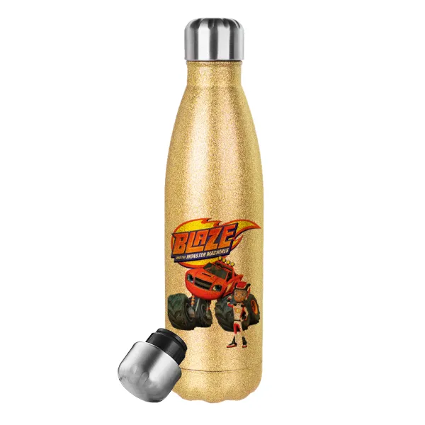 Ο Μπλέιζ και οι Φίλοι του — Glitter gold stainless steel thermos bottle, double-walled, 500ml