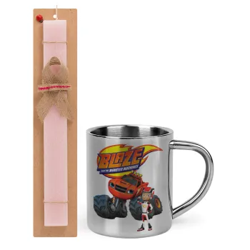 Ο Μπλέιζ και οι Φίλοι του, Easter Set, metallic thermal cup (300ml) & aromatic flat Easter candle (30cm) (PINK)