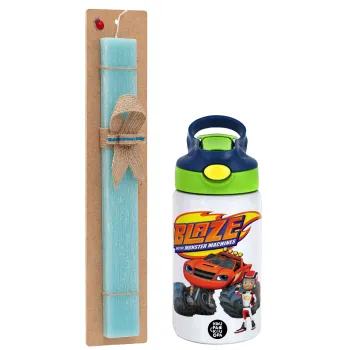 Ο Μπλέιζ και οι Φίλοι του, Easter Set, Children's thermal stainless steel bottle with safety straw, green/blue (350ml) & aromatic flat Easter candle (30cm) (TURQUOISE)