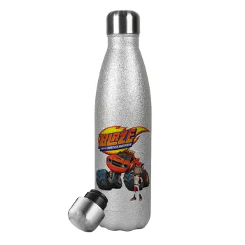 Ο Μπλέιζ και οι Φίλοι του, Μεταλλικό παγούρι θερμός Glitter Aσημένιο (Stainless steel), διπλού τοιχώματος, 500ml