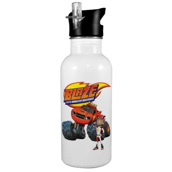 Ο Μπλέιζ και οι Φίλοι του, White water bottle with straw, stainless steel 600ml