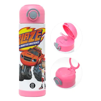 Ο Μπλέιζ και οι Φίλοι του, Children's hot water bottle, stainless steel, with safety straw, PINK (500ml)