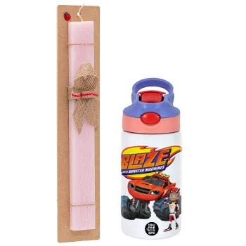 Ο Μπλέιζ και οι Φίλοι του, Easter Set, Children's thermal stainless steel water bottle with safety straw, pink/purple (350ml) & Easter scented flat candle (30cm) (PINK)
