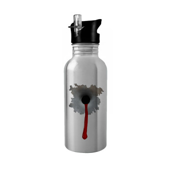 Bullet holes, Water bottle Silver with straw, stainless steel 600ml