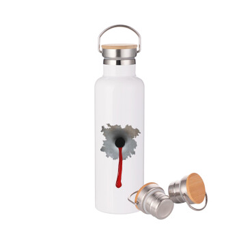 Bullet holes, Stainless steel White with wooden lid (bamboo), double wall, 750ml